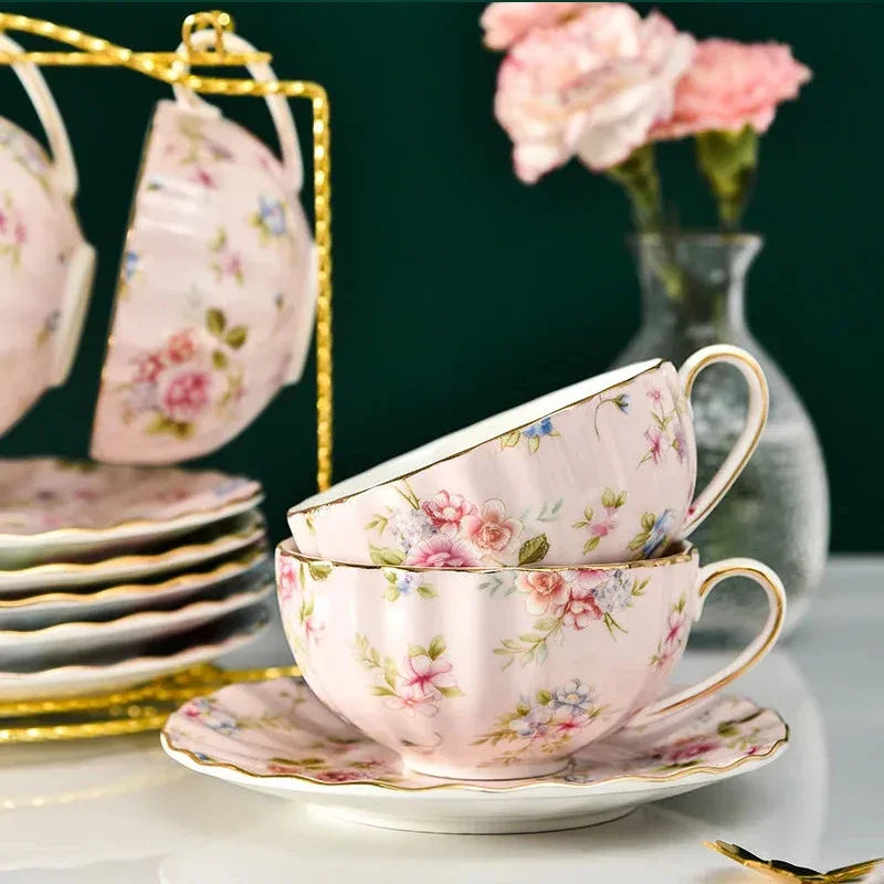 3PCS/Sets Pastoral style Flowers Tea Set Ceramic Coffee Cup Suit High-Grade Bone China Golden edge Tea Cup Saucer With A Spoon