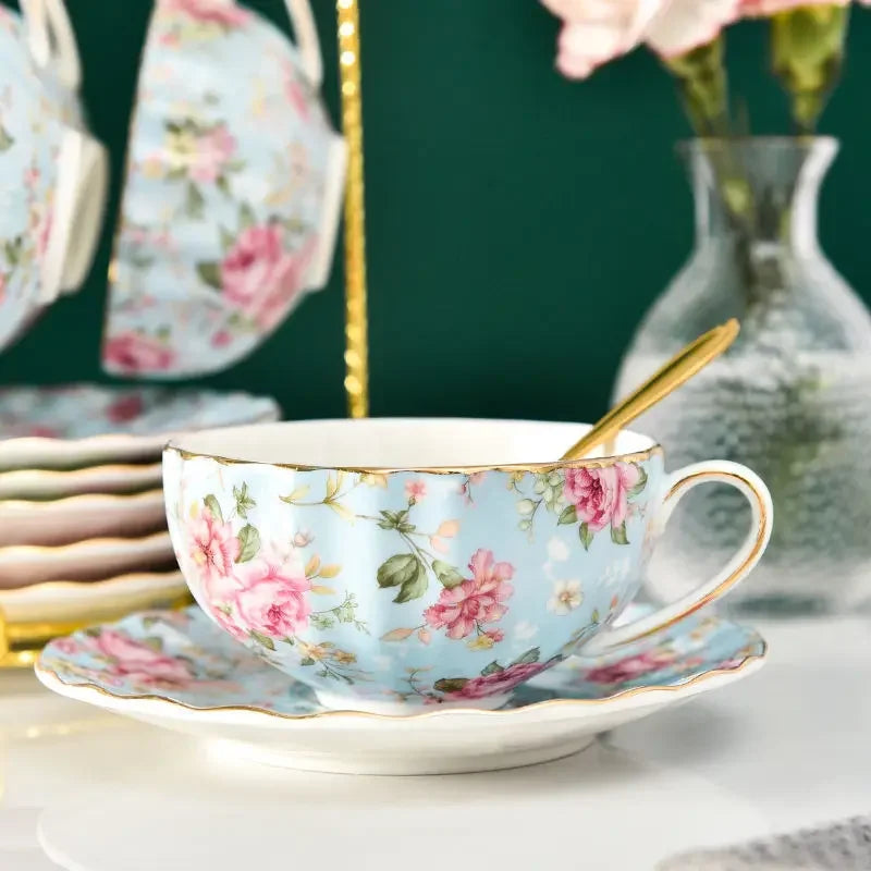 3PCS/Sets Pastoral style Flowers Tea Set Ceramic Coffee Cup Suit High-Grade Bone China Golden edge Tea Cup Saucer With A Spoon